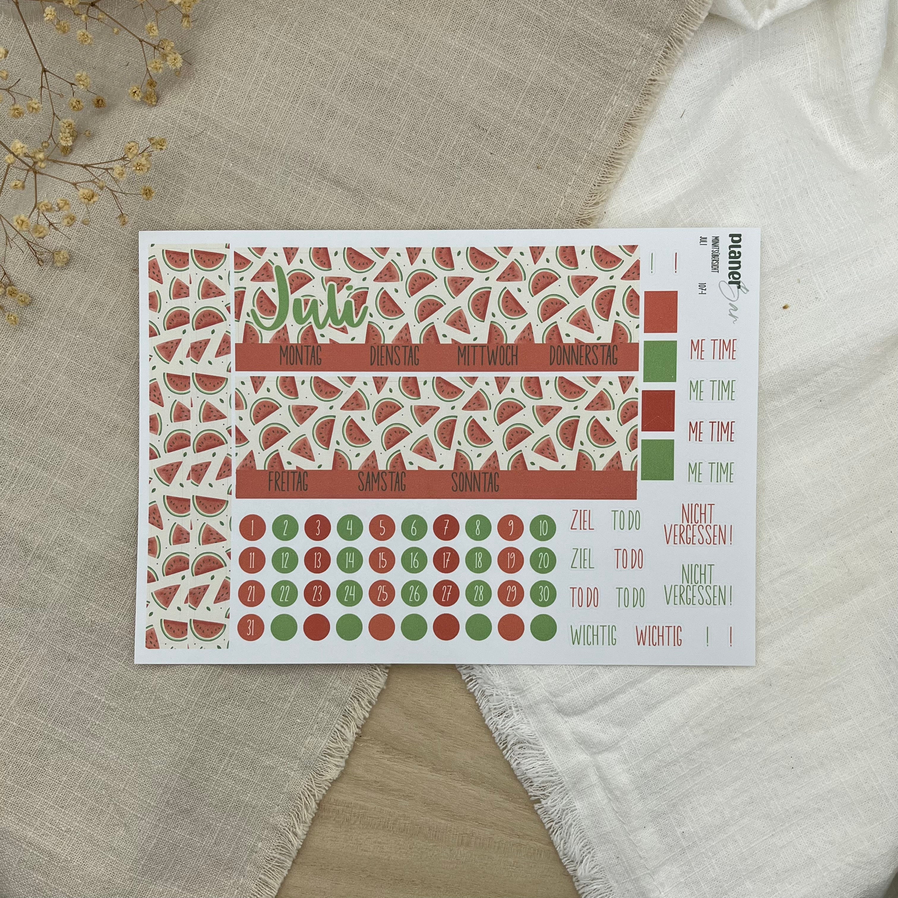 Juli - Sweet Melon - Sticker Sheet Monatsübersicht - Set 107