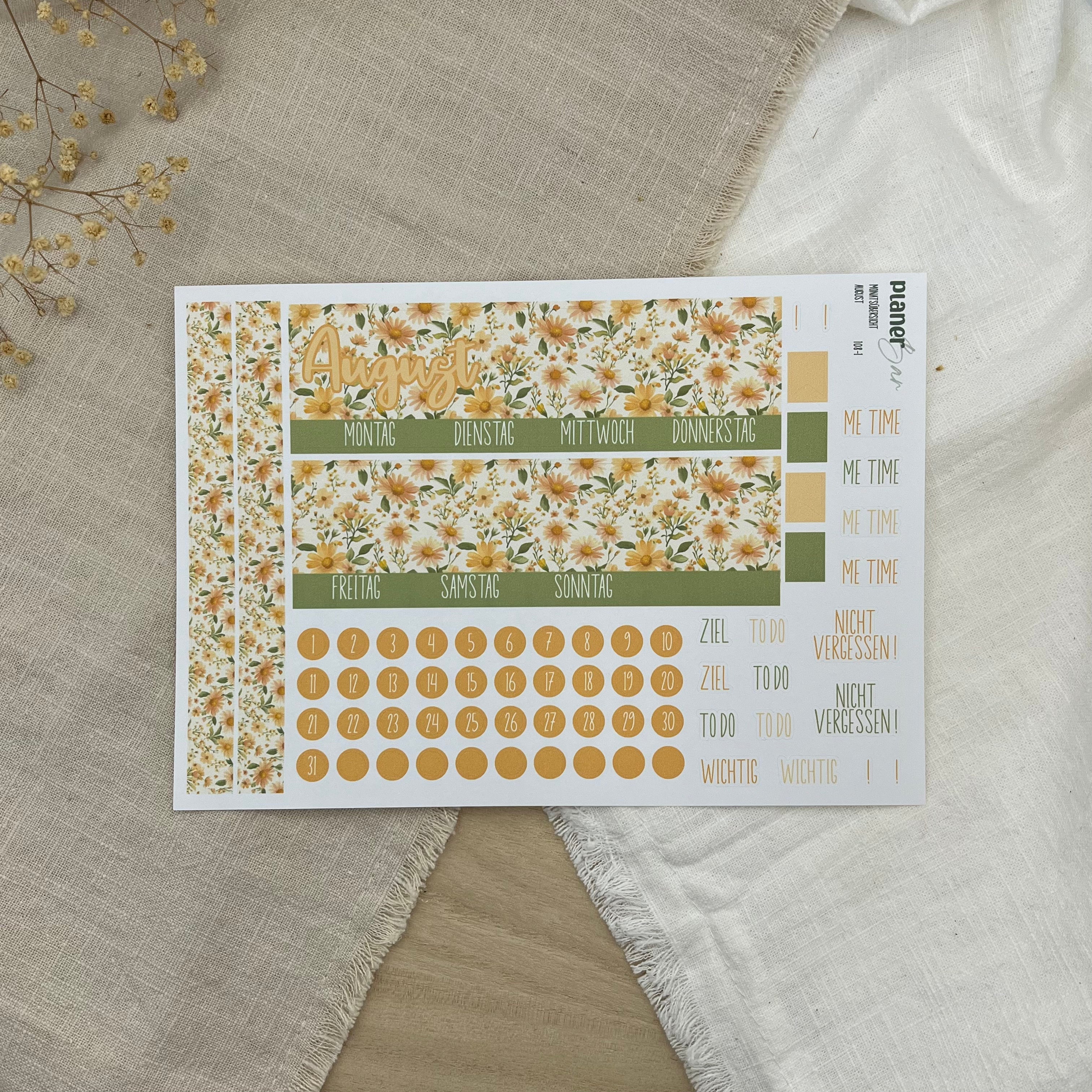 August - Bloom & Sunshine - Sticker Sheet Monatsübersicht - Set 108
