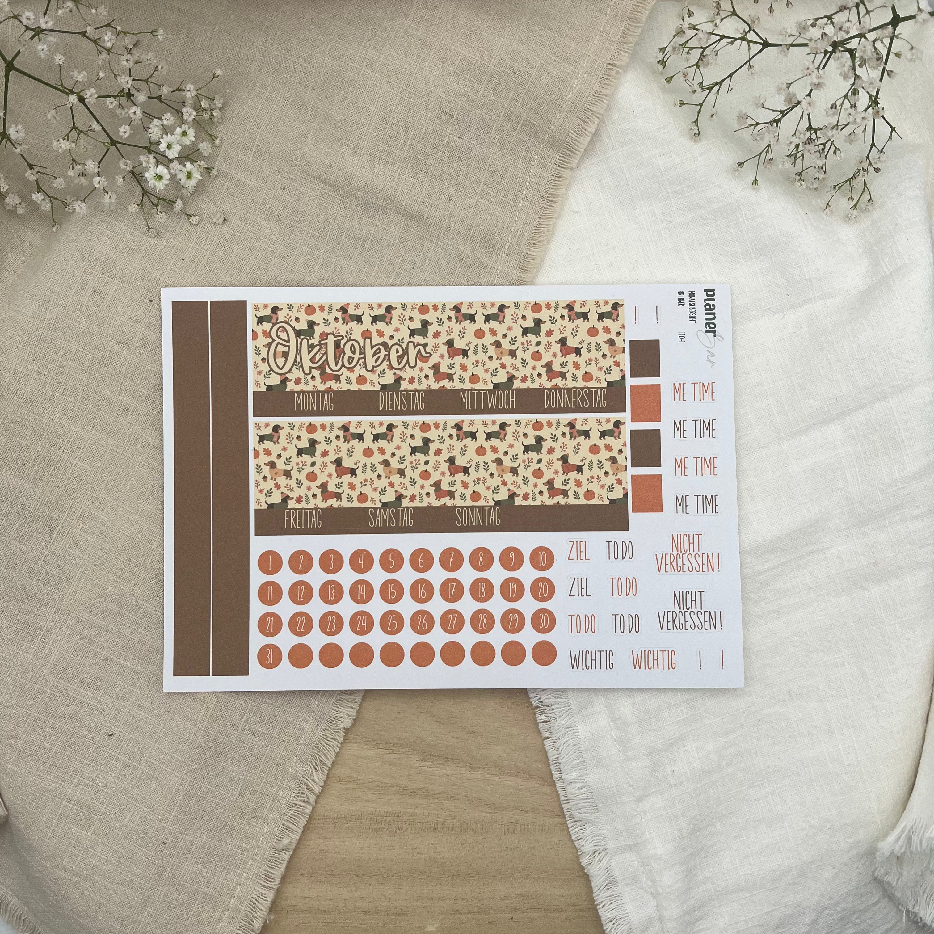 Oktober - Dogs & Autumn - Sticker Sheet Monatsübersicht - Set 110