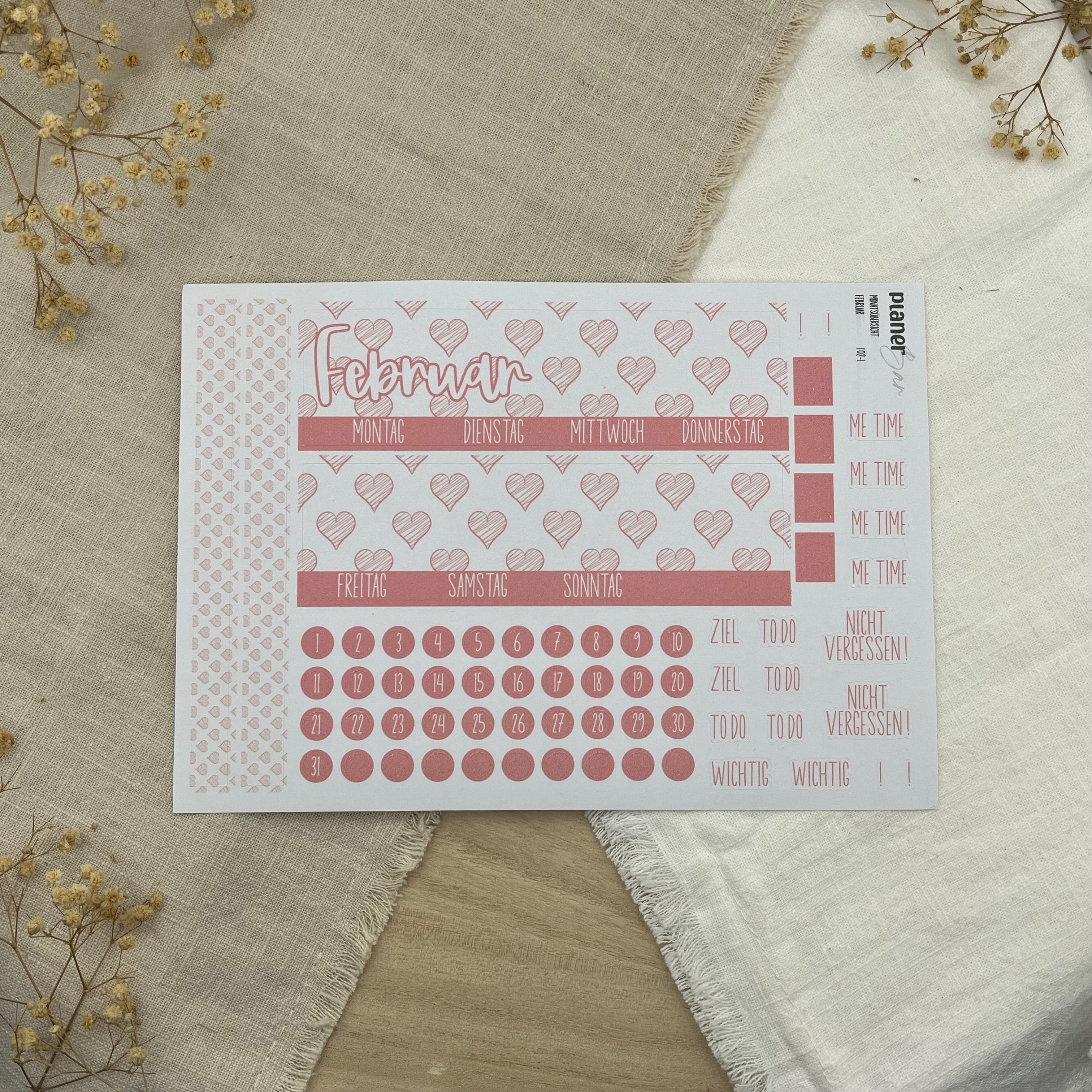 Februar - Love - Sticker Sheet Monatsübersicht - Set 102