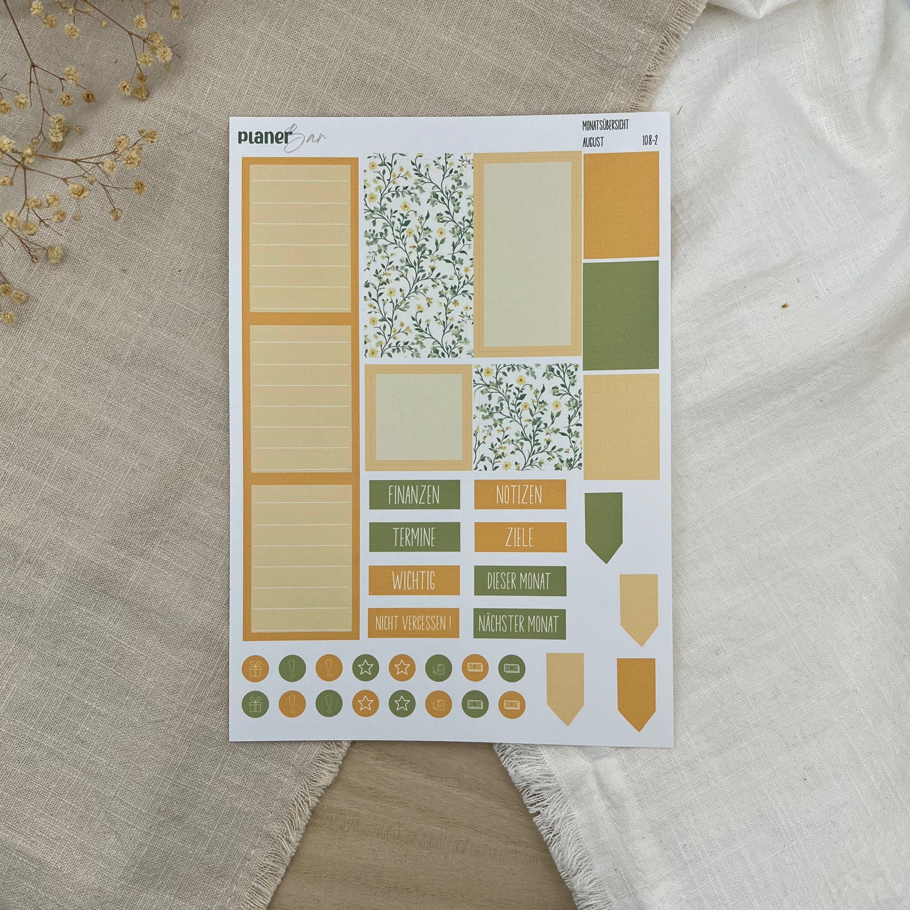 August - Bloom & Sunshine - Sticker Sheet Monatsübersicht - Set 108